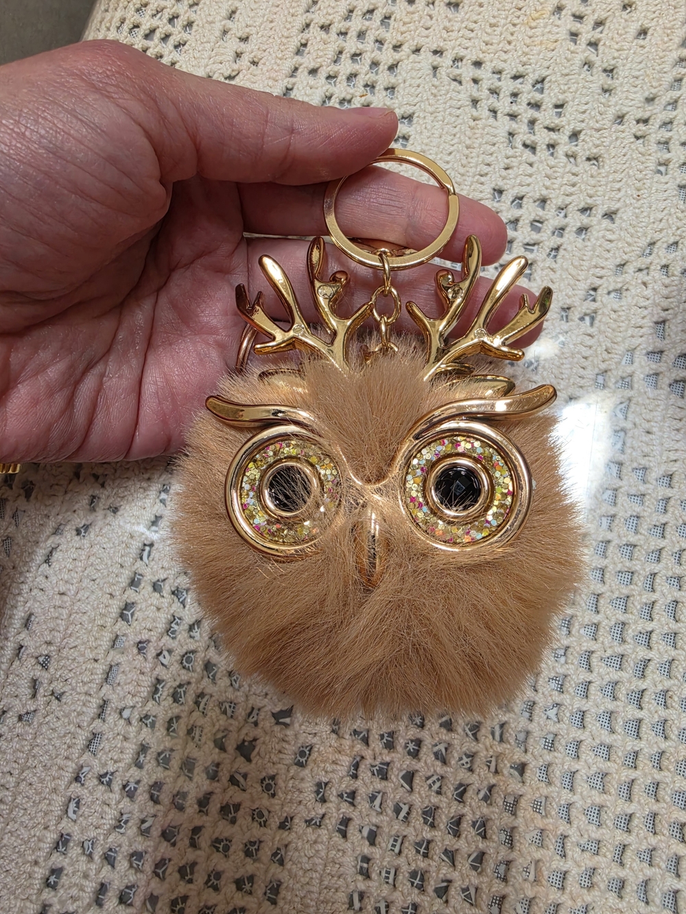 Faux Fur Owl Keychain Bag Charm - Gold Hardware - Brown